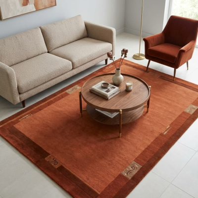 Χειροποίητο Μάλλινο Χαλί σε Κεραμιδί (Terracotta) Απόχρωση με Γεωμετρικά Μοτίβα 120x170εκ.