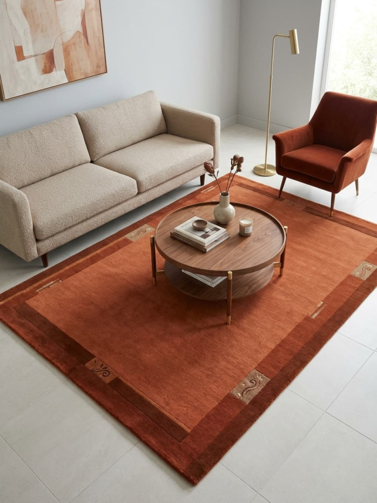 Χειροποίητο Μάλλινο Χαλί σε Κεραμιδί (Terracotta) Απόχρωση με Γεωμετρικά Μοτίβα 120x170εκ.